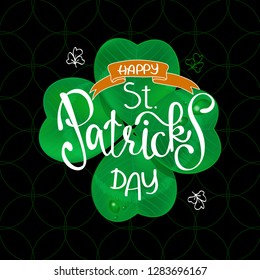 Vector illustration of Happy Saint Patrick's Day logotype. Hand drawn typography badge with green shamrock. Hand sketched Irish celebration design. Beer festival lettering typography icon