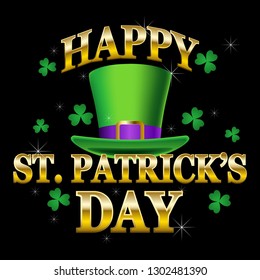 Vector illustration of Happy Saint Patrick's Day golden text isolated on black
