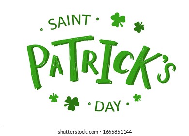 Vector illustration of Happy Saint Patrick's Day logotype. Hand sketched Irish celebration design. Beer festival lettering typography icon. Drawn typography badge with shamrock