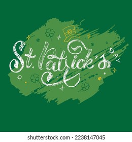 Ilustración vectorial del logotipo del Día del Feliz San Patricio. La mano esbozó el diseño irlandés de la celebración. Fondo verde texturado. Icono de tipografía con letras del festival de la cerveza.