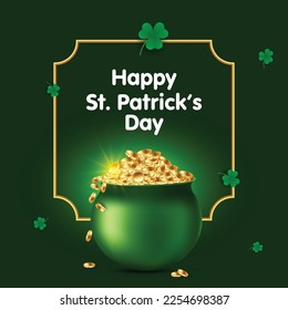 Vector illustration of Happy Saint Patrick's Day with treasure of leprechaun, pot full of golden coins