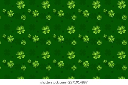 Vector illustration of happy saint patricks day realistic irish green clover seamless pattern on green background. 3d style design of decorative seamless pattern with clover for st patrick day banner