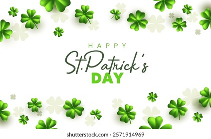 Vector illustration of happy saint patricks day word in realistic irish green clover border on white background. 3d style design of decorative pattern template for st patrick day celebration banner