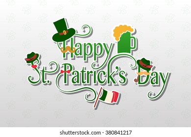  Vector illustration of Happy Saint Patrick's Day logotype. Hand sketched Irish celebration design. Beer festival lettering typography icon. Drawn typography hipster badge with  mustache, hats