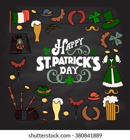 Vector illustration of Happy Saint Patrick's Day logotype. Hand sketched Irish celebration design. Beer festival lettering typography icon. Drawn typography badge on floral shamrock background