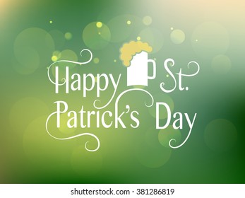 Vector illustration of Happy Saint Patrick's Day logotype. Hand sketched Irish celebration design. Beer festival lettering typography icon. Hand drawn typography badge on bookeh blurred background