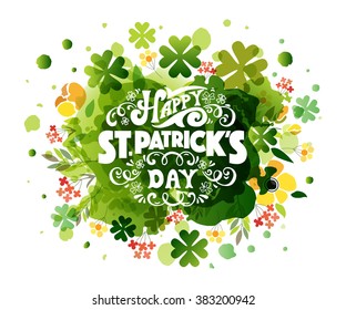 Vector illustration of Happy Saint Patrick's Day logotype. Hand sketched Irish celebration design. Beer festival lettering typography icon. Drawn typography badge on watercolor background