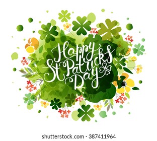'Vector illustration of Happy Saint Patrick's Day logotype. Hand sketched Irish celebration design. Beer festival lettering typography icon. Drawn typography on shamrock watercolor background