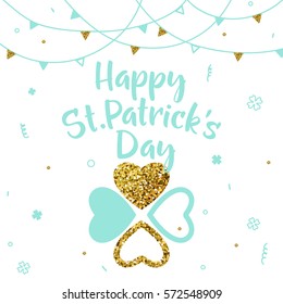 Vector illustration of happy saint Patricks day greeting card with creative gold clover leaf, garland and typography text sign on white background in memphis hipster style