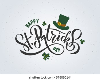 Vector illustration of Happy Saint Patrick's Day logotype. Hand sketched Irish celebration design. Beer festival lettering typography icon. Drawn typography St. Patricks badge, green hat and shamrock