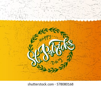 Vector illustration of Happy Saint Patrick's Day logotype. Hand sketched Irish celebration design. Drawn typography badge with floral wreath on beer glass