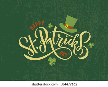 Vector illustration of Happy Saint Patrick's Day logotype. Hand sketched Irish celebration design. Beer festival lettering typography icon. Drawn typography badge with green hat and shamrock