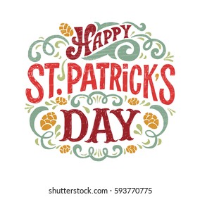 Vector illustration of Happy Saint Patrick's Day logotype. Hand sketched Irish celebration design. Beer festival lettering typography icon. Hand drawn typography badge with floral background