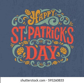 Vector illustration of Happy Saint Patrick's Day logotype. Hand sketched Irish celebration design. Beer festival lettering typography icon. Hand drawn typography badge with green hat and shamrock