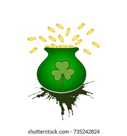 Vector illustration of Happy Saint Patrick's Day, with cauldron coin and cauldron