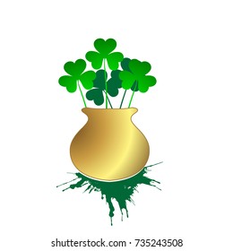 Vector illustration of Happy Saint Patrick's Day, with gold cauldron.