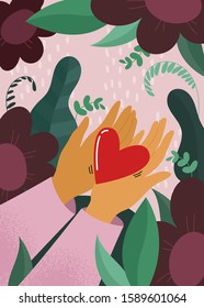 Vector illustration of happy saint Valentine's day greeting card: hands holding a heart on a background of flowers. Concept of cute romantic greeting cards, invitations, poster design templates.