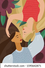 Vector illustration of happy saint Valentine's day greeting card: two lesbian women hugging on a background of flowers. Concept of cute romantic greeting cards, invitations, poster design templates.