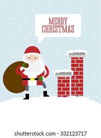 Vector illustration of the happy Santa with big slack on his back on the roof with chimneys wishing "Merry Christmas".
Snow falling in the background.
