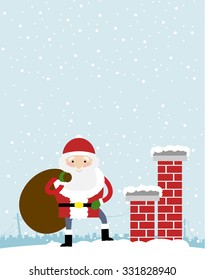 Vector illustration of the happy Santa Claus standing on the top of the roof and holding bag with presents. City silhouette in the background.
Big copy space on the top of the image.