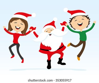 Vector illustration.  Happy Santa Claus and people holding hands in a jump