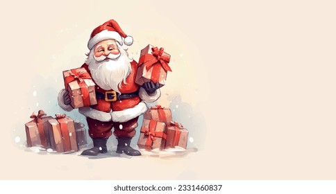 Vector illustration of a Happy Santa Clauss with christmas presents on a neutral beige background