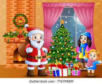 Vector illustration of Happy santa and parent with daughter in the living room with christmas and new year decoration