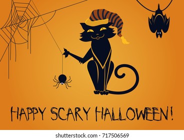 Vector illustration of happy scary Halloween greeting and cute black cat with spider and bat.