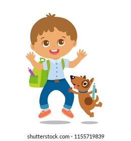 Vector Illustration Of Happy School Boy Go To School. Welcome Back To School. Cute School Boy With Schoolbag Isolated On A White Background.