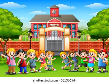 Vector illustration of Happy school children in outside the front of school building
