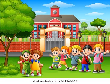 Vector illustration of Happy school children standing in front of school building