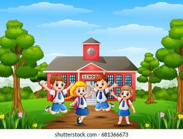 Vector illustration of Happy school children in front of school building