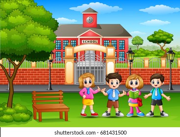 Vector illustration of Happy school children standing in outside the front of school building