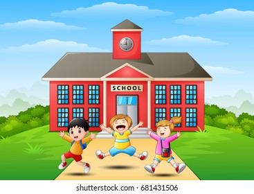Vector illustration of Happy school children jumping in front of school building
