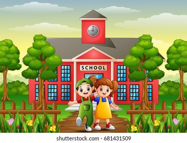 Vector illustration of Happy school children standing in front of school building