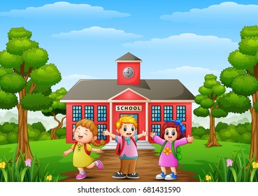 Vector illustration of Happy school children standing in front of school building