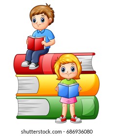 Vector illustration of Happy school children with big books