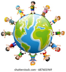 Vector illustration of Happy school children standing around the earth