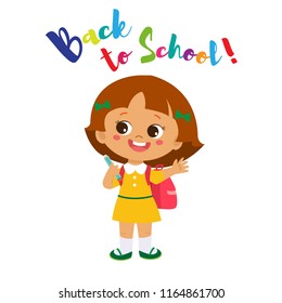 Vector Illustration Of Happy School Girl Go To School. Welcome Back To School. Cute School Girl With Schoolbag Isolated On A White Background.