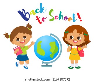 Vector Illustration Of Happy School Kids Go To School. Welcome Back To School Theme. Cute School Girl With Globe And Schoolbag On A White Background.