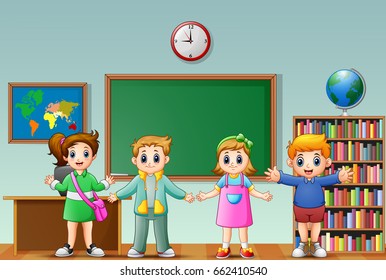 Vector illustration of Happy school kids cartoon in a classroom
