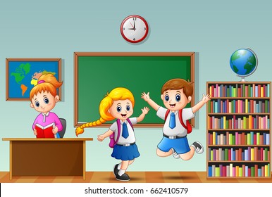 Vector illustration of Happy school kids in a school uniform with female teacher at classroom