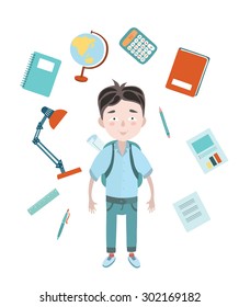 Vector illustration of happy schoolboy with a backpack and education tool set on white isolated background