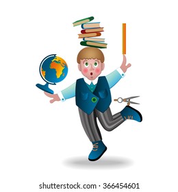 Vector illustration of happy schoolboy with a backpack and education tool set on white isolated background