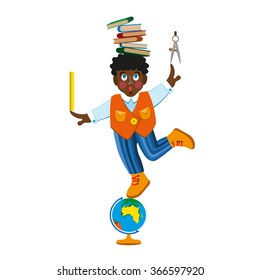 Vector illustration of happy schoolboy with a backpack and education tool set on white isolated background