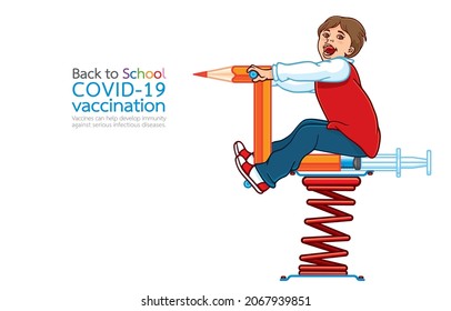 Vector illustration of happy schoolboy riding spring rider made with orange pencil and syringe, swing, rocking, playground, Fun study, Safety, Student health, COVID-19 vaccination, School reopening.