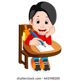 vector illustration of Happy schoolboy writing in class