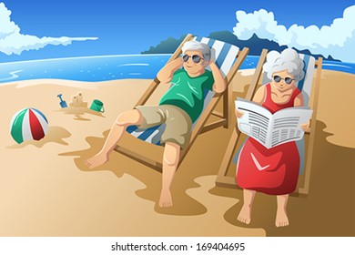 A vector illustration of happy senior couple enjoying their retirement at the beach