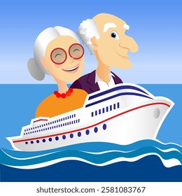 Vector illustration of happy senior couple traveling on cruise, with blue sea and sky background and ship seen from outside.