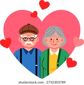 Vector illustration of a happy senior couple (grandparents) embracing inside a large heart shape, symbolizing lifelong love and affection.